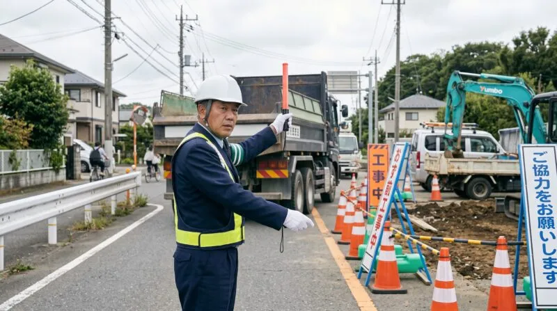 我孫子のインフラ工事現場で大型ダンプ・重機を誘導する警備員