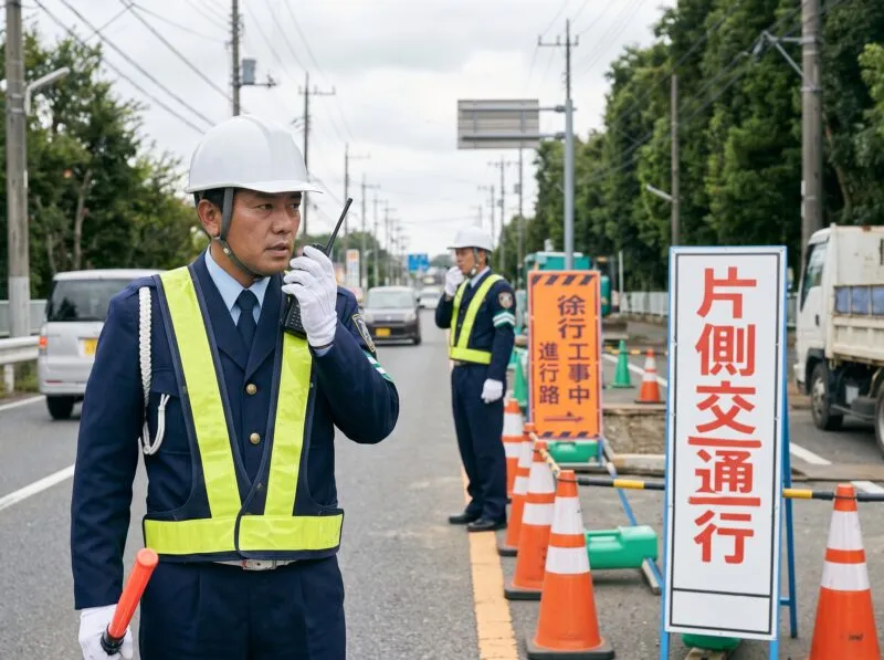 トランシーバー・無線機で定点間連携を取り片側交互通行を誘導する我孫子の警備員