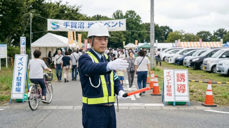 我孫子の手賀沼周辺イベントや商業施設で駐車場案内・雑踏警備を行う警備会社スタッフ