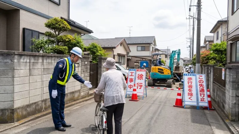 我孫子市内の狭小住宅街・上下水道工事での丁寧な住民配慮誘導
