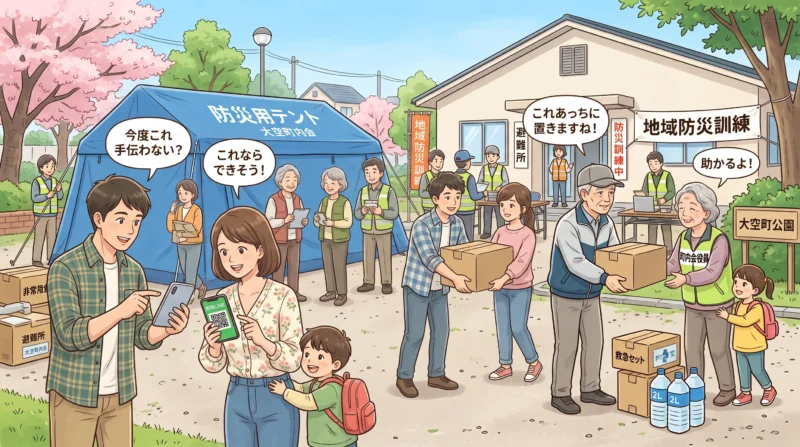 同世代同士がスマホの防災LINEを見せ合って声かけし、若い世代が町会役員を手伝って物資を運ぶ助け合いの様子