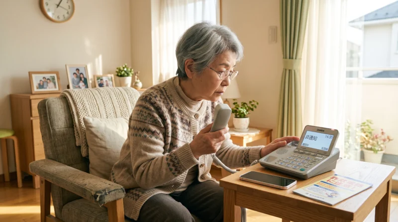 固定電話の受話器を取り不審な電話に対応する高齢女性と卓上の迷惑電話対策機器