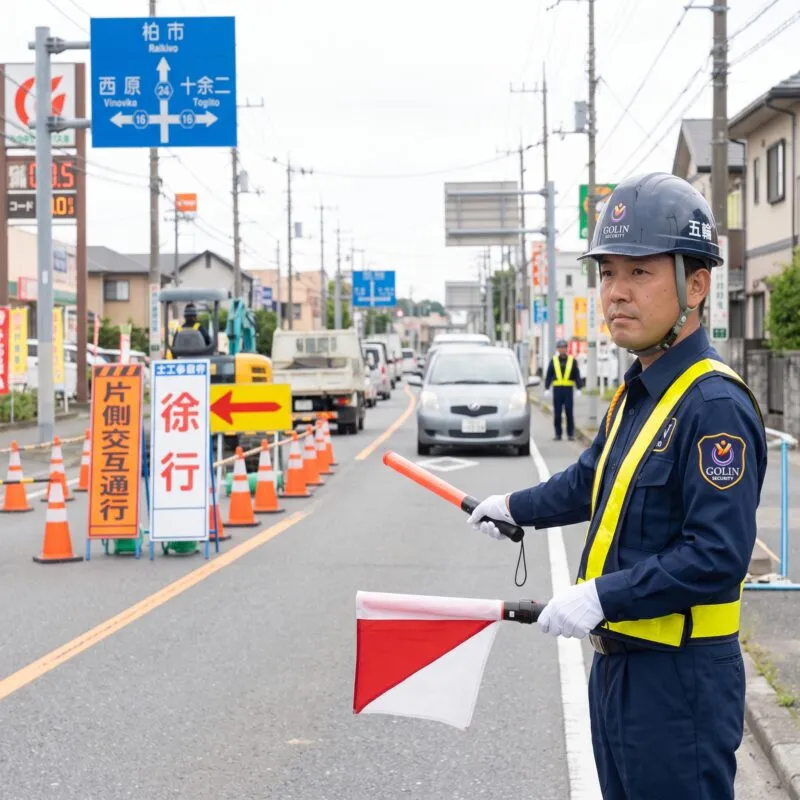 柏市内の道路工事での交通誘導警備