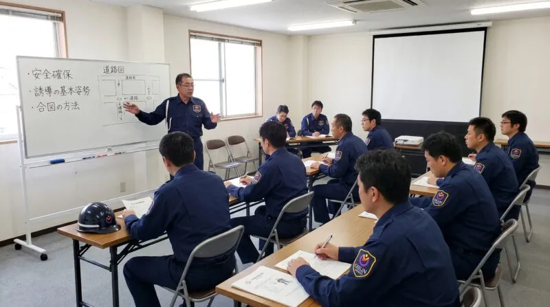 五輪警備保障の研修室で警備員が安全教育・誘導姿勢を学ぶ様子