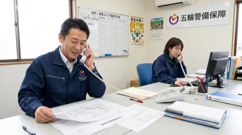 五輪警備保障のオフィスで警備計画書をもとに電話応対を行うスタッフ