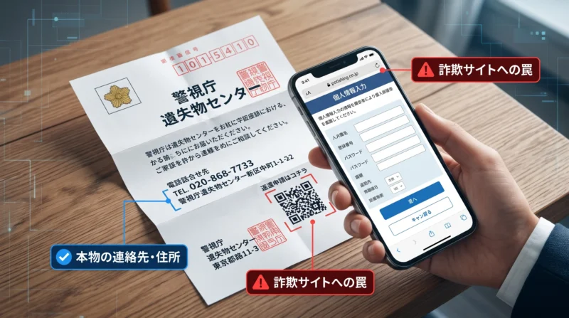 遺失物センターを装う偽の通知書とQRコード誘導によるフィッシング詐欺手口の仕組み