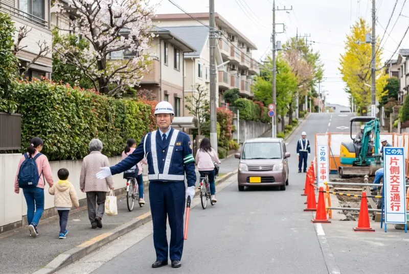 松戸市内の住宅街工事現場における歩行者保護と車両誘導