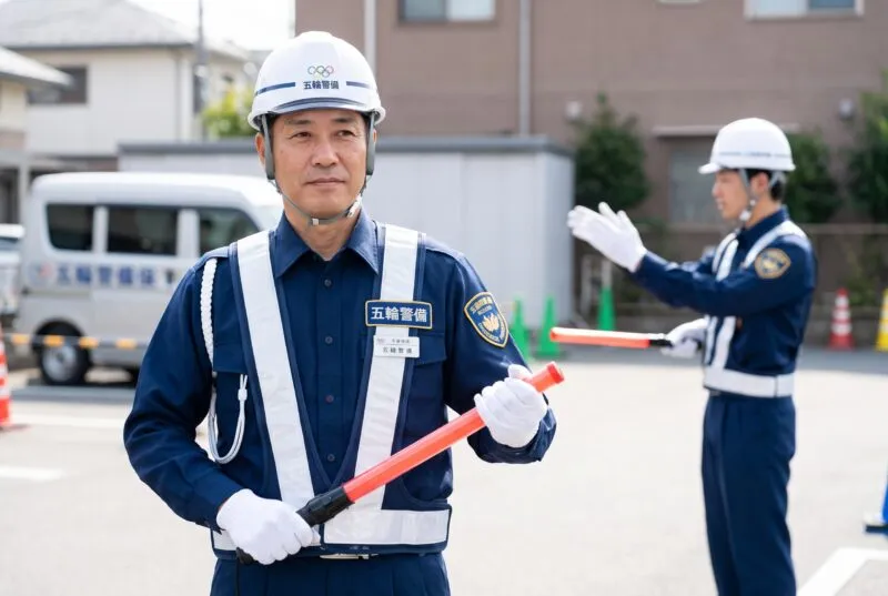 誘導棒を持ち規律ある立ち姿の五輪警備保障の警備員
