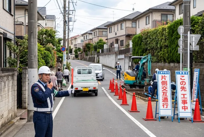 松戸市の住宅街・坂道での片側交互通行と工事予告看板による安全誘導風景