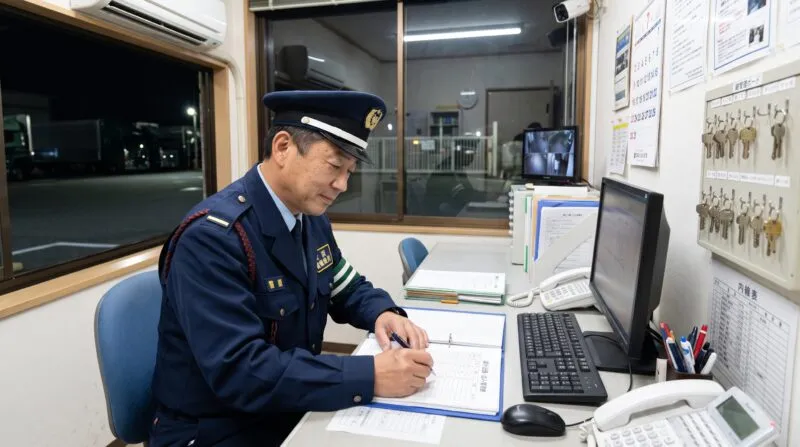 守衛室内での書類記入・PC操作