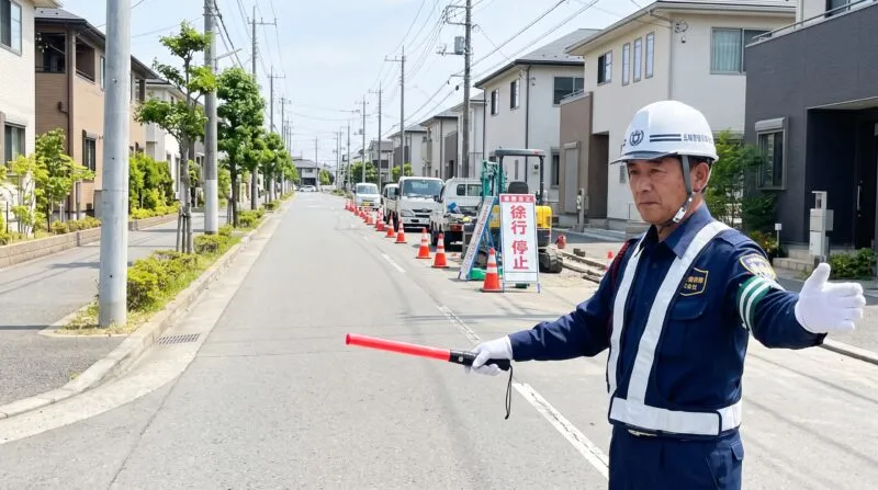 流山市の新興住宅街における工事車両の交通誘導警備