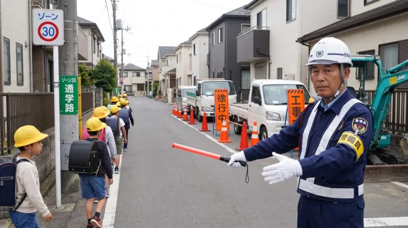 通学路規制時間帯における児童の安全見守りと工事車両の一時制止