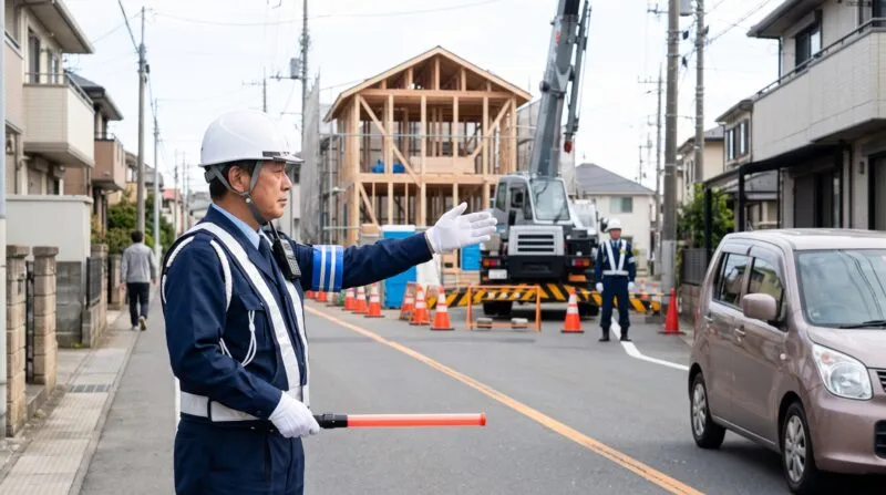 新築戸建て現場前でレッカー車設置に伴う狭小道路の片側交互通行誘導