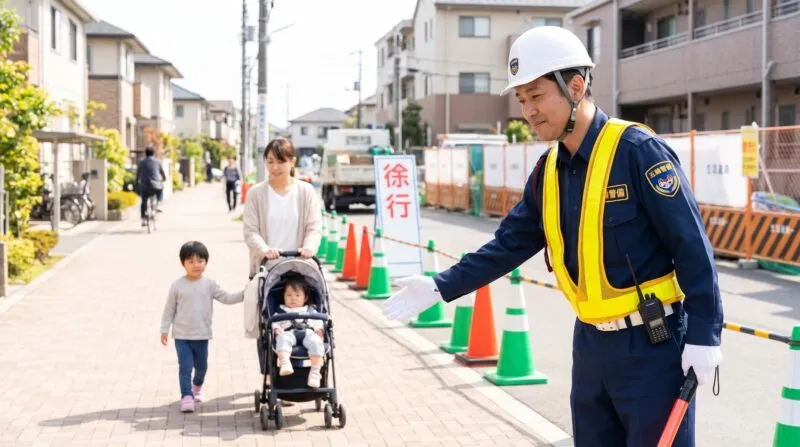 流山市の住宅街・通学路における丁寧な歩行者優先誘導