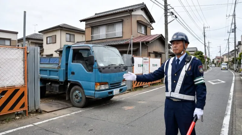 野田市の生活道路に面した現場ゲートで工事車両を確実に一時制止する五輪警備保障の警備員