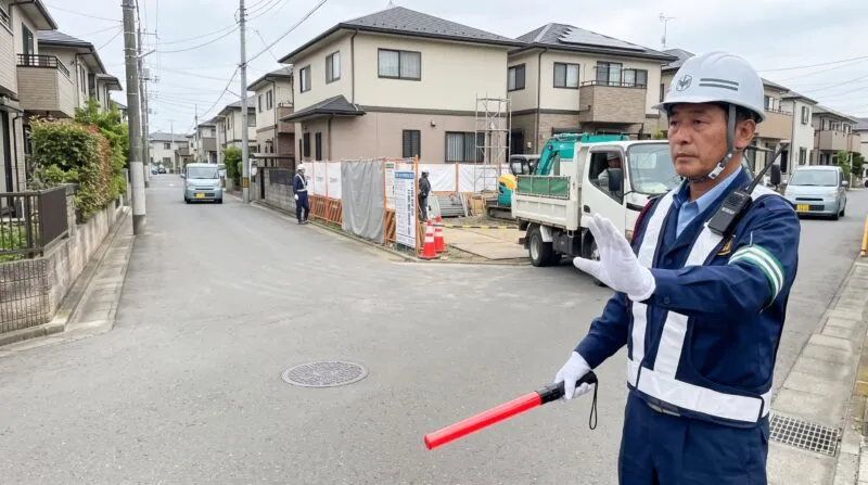 野田市の住宅街戸建て新築現場で工事トラックの出庫を一時制止・誘導する警備員