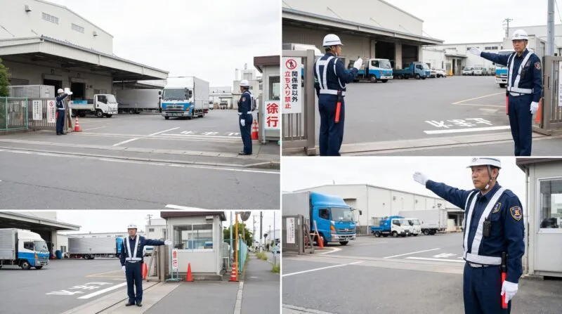 野田市内の工場・配送拠点ゲートで大型トラックの出入管理と安全確認を行う警備員