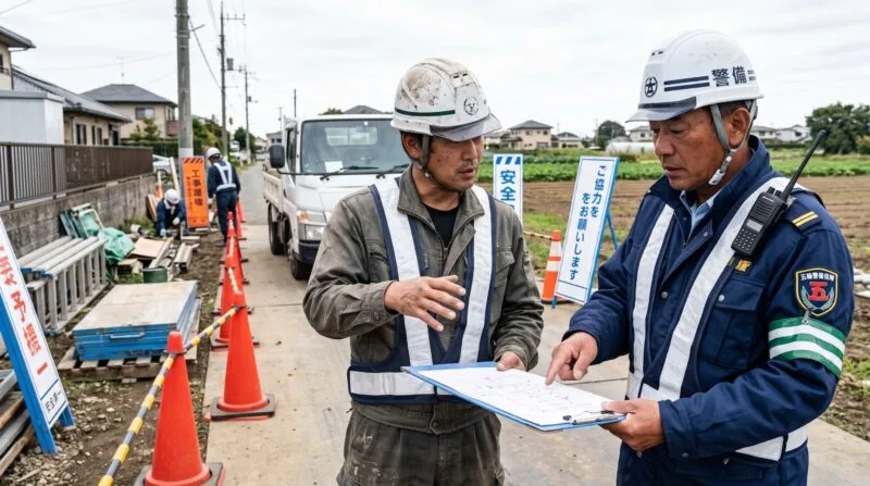 野田市の工事現場脇で図面を広げて安全確認・KY打合せを行う現場監督と警備員