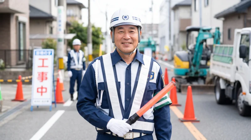 50代・60代のシニア世代も未経験から活躍する道路工事現場の警備員。複数人で交代しながら無理なく働く、体力的な負担が少ない警備業務のリアルな様子