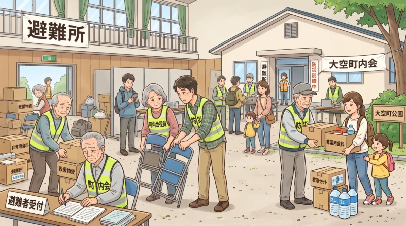 避難所で高齢の町会役員が受付や重い物資の運搬に追われ、避難してきた若い世代が関わり方が分からず見守る様子