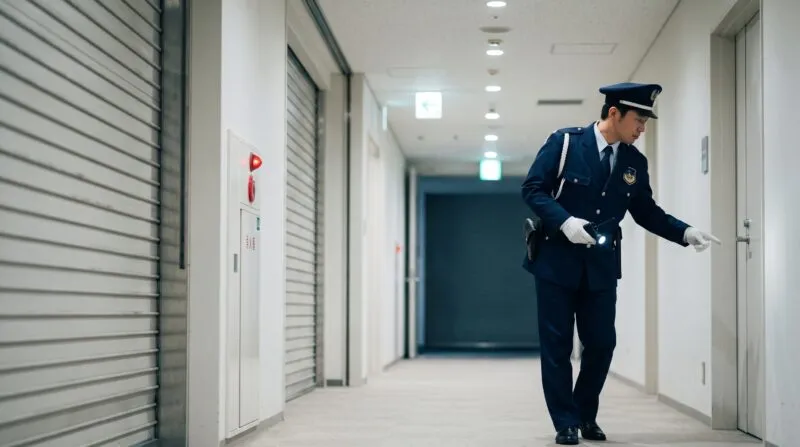 施設内の定期巡回・施錠確認および不審物・異常チェックを行う警備員